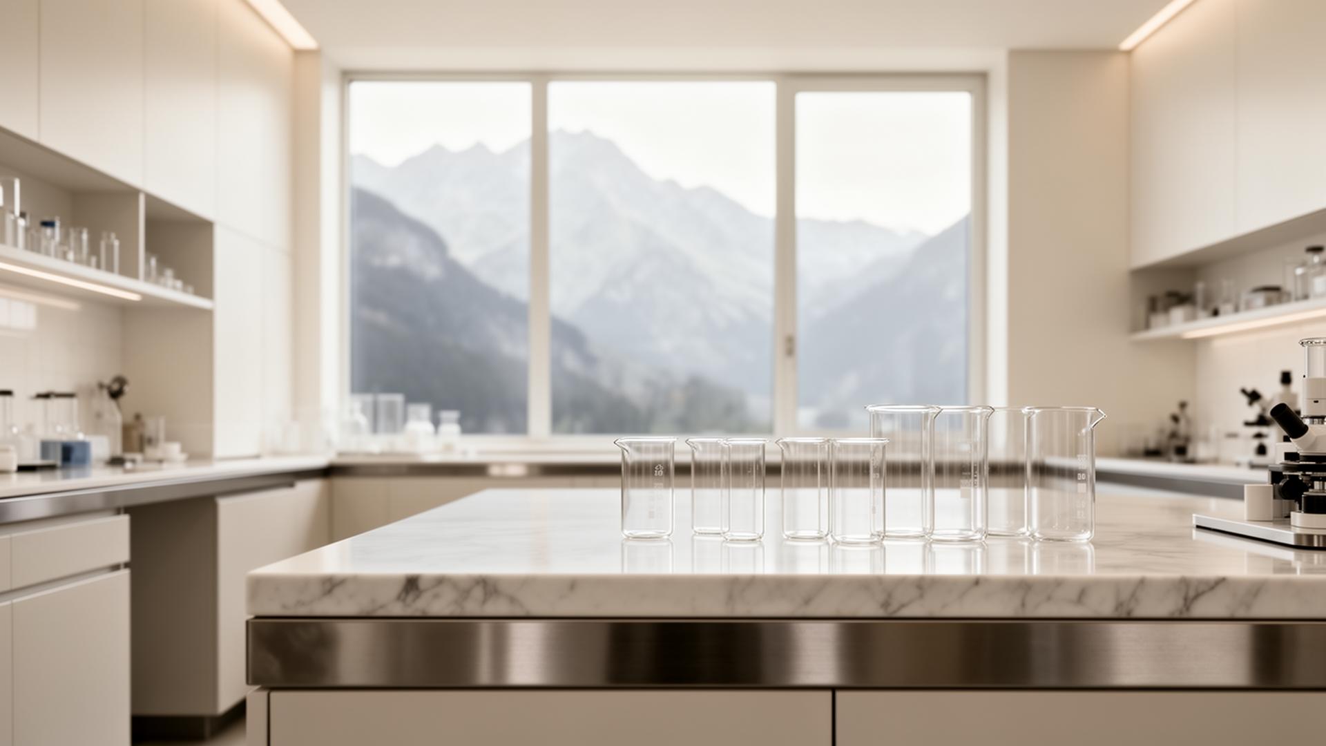 Swiss laboratory interior with alpine view
